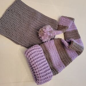 Stocking Hat And Cowl Set Lavender Gray 35" Long Unique Stylish Winter Fall